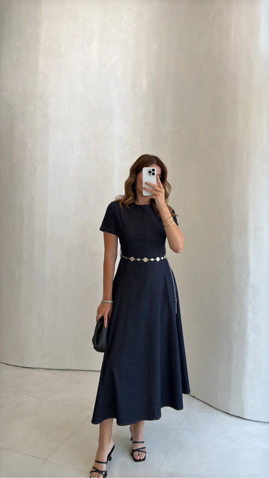Aksesuar Kemerli Denim Elbise - Lacivert - Kod: 1056
