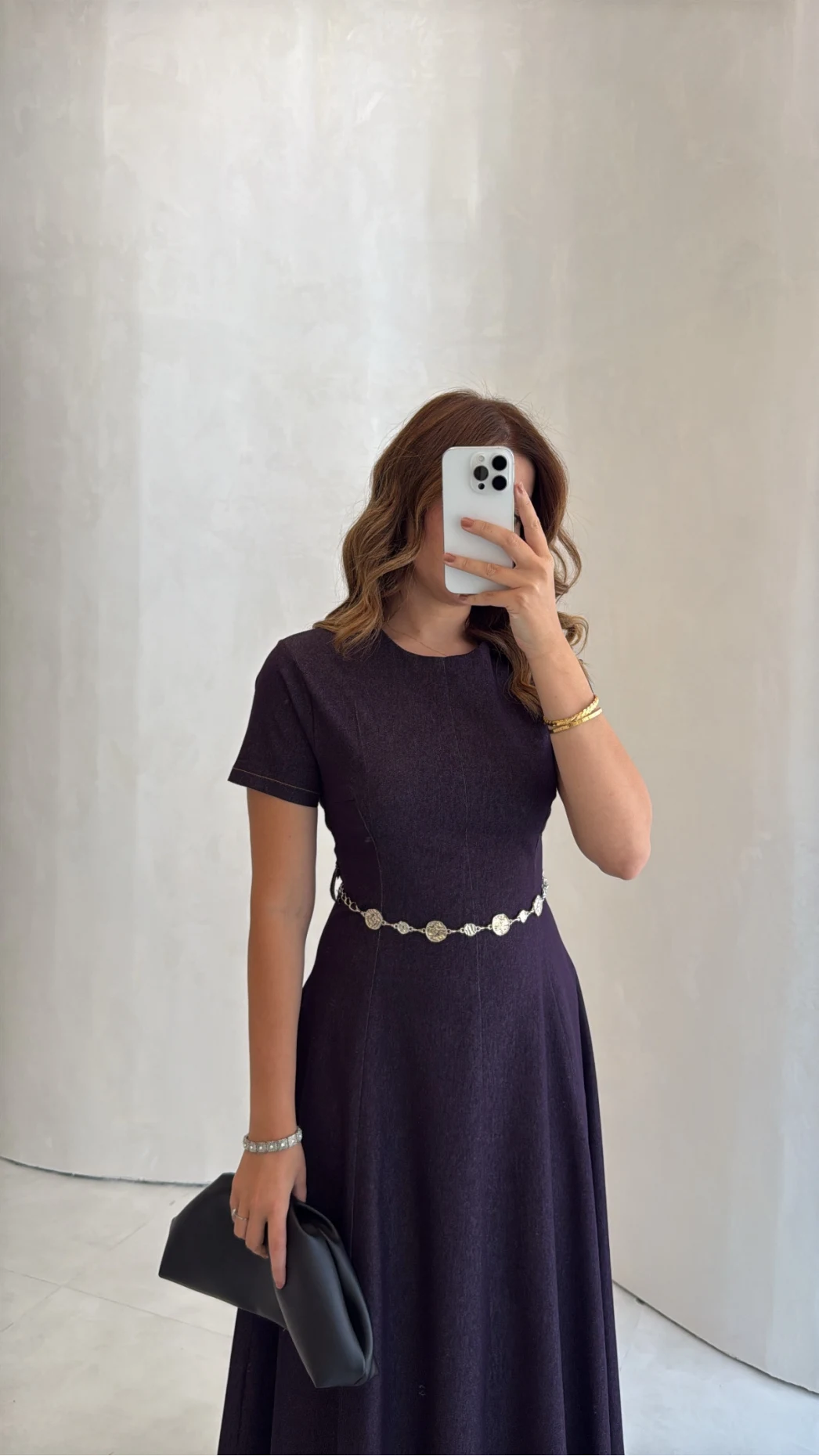 Aksesuar Kemerli Denim Elbise - Mürdüm - Kod: 1056