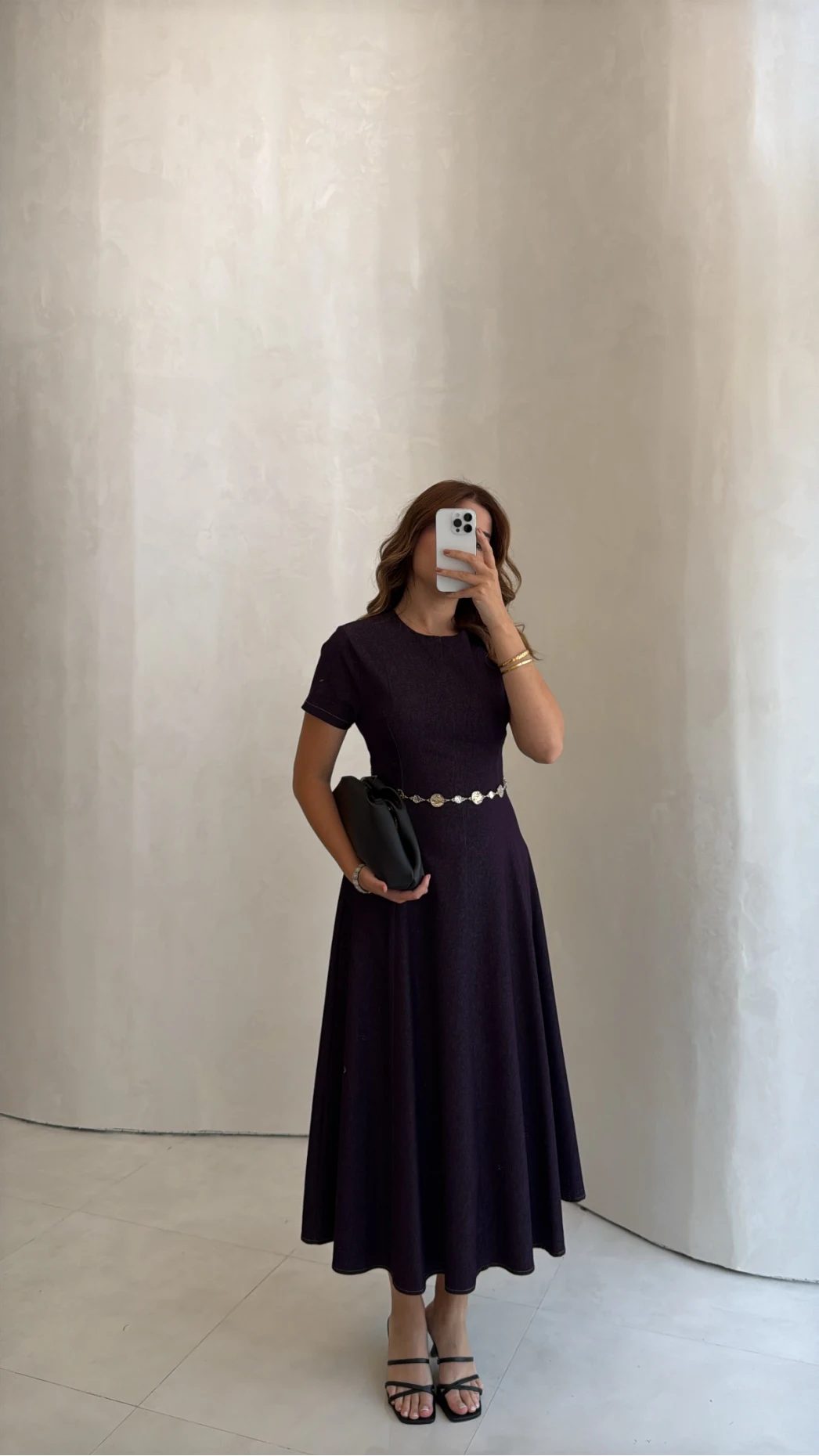 Aksesuar Kemerli Denim Elbise - Mürdüm - Kod: 1056