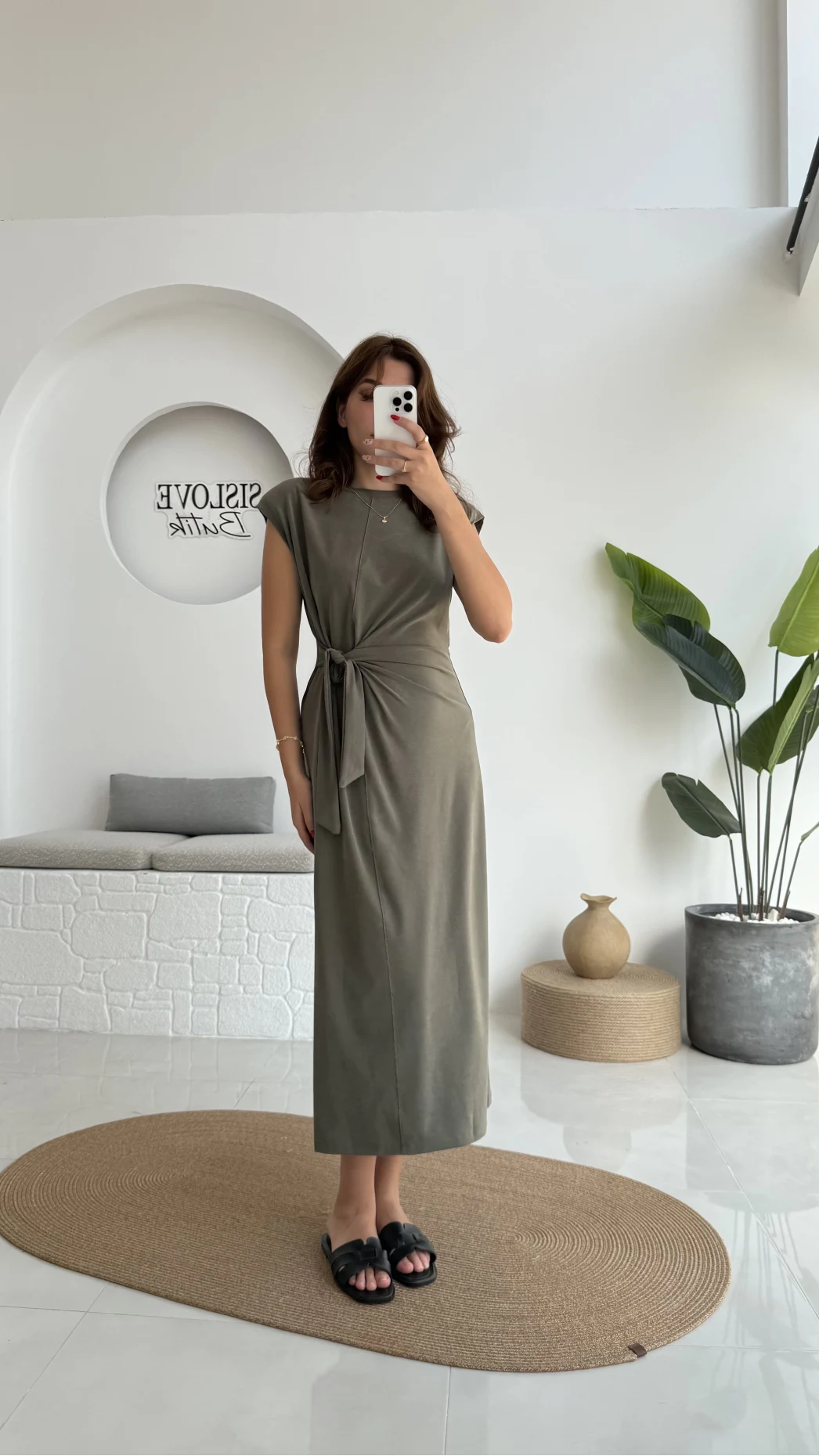 Alesia Bağlamalı Vatkalı Elbise - Haki - Kod:2131