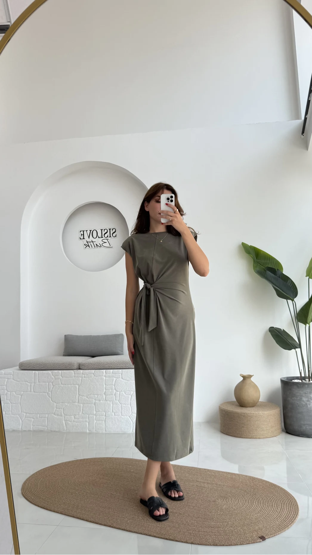 Alesia Bağlamalı Vatkalı Elbise - Haki - Kod:2131