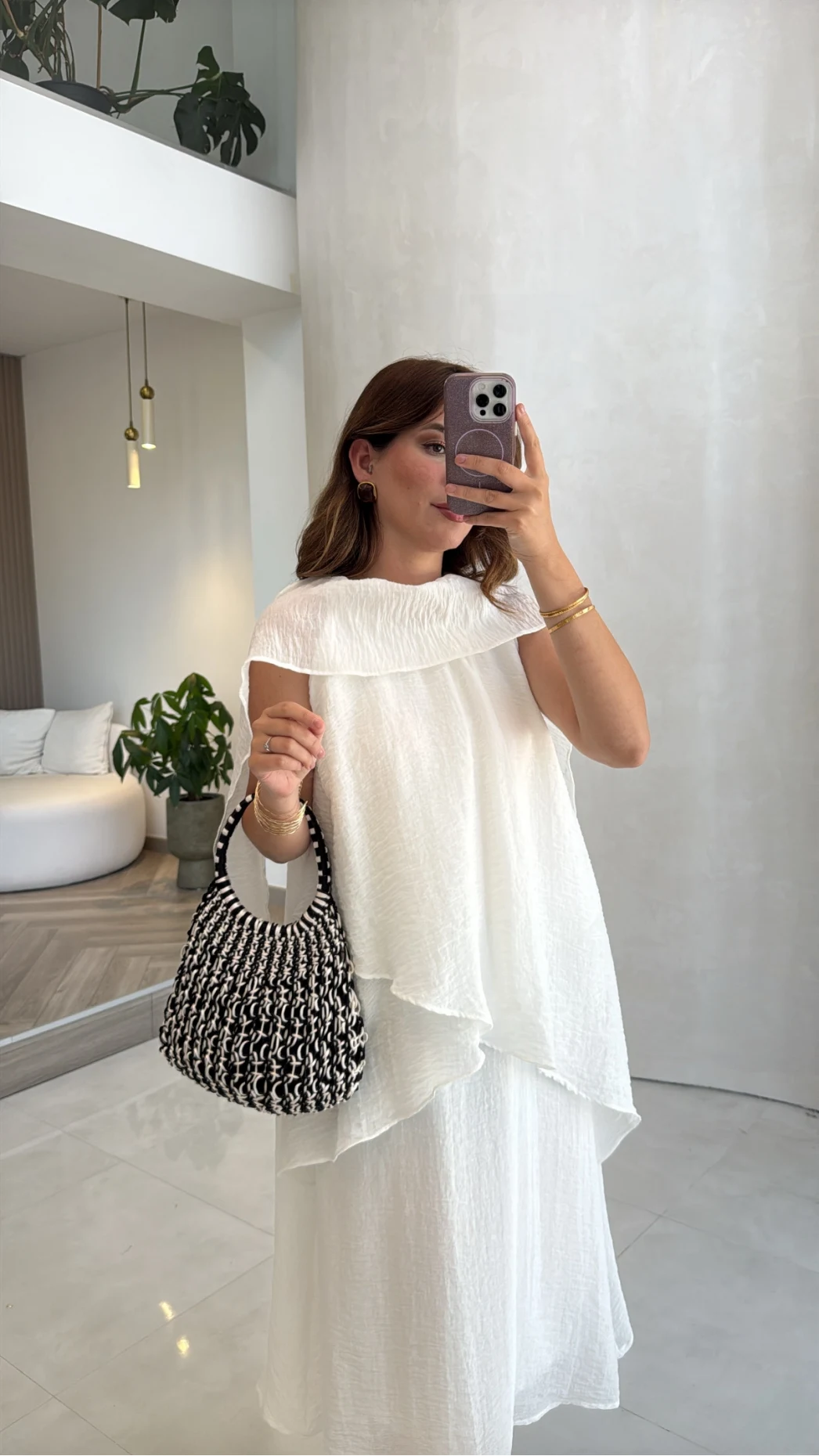 Alina Kat Kat Sıfır Kol Şallı Elbise - Beyaz - Kod: 3446