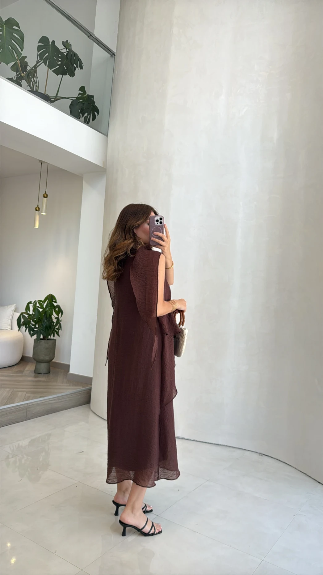 Alina Kat Kat Sıfır Kol Şallı Elbise - Kahve - Kod: 3446