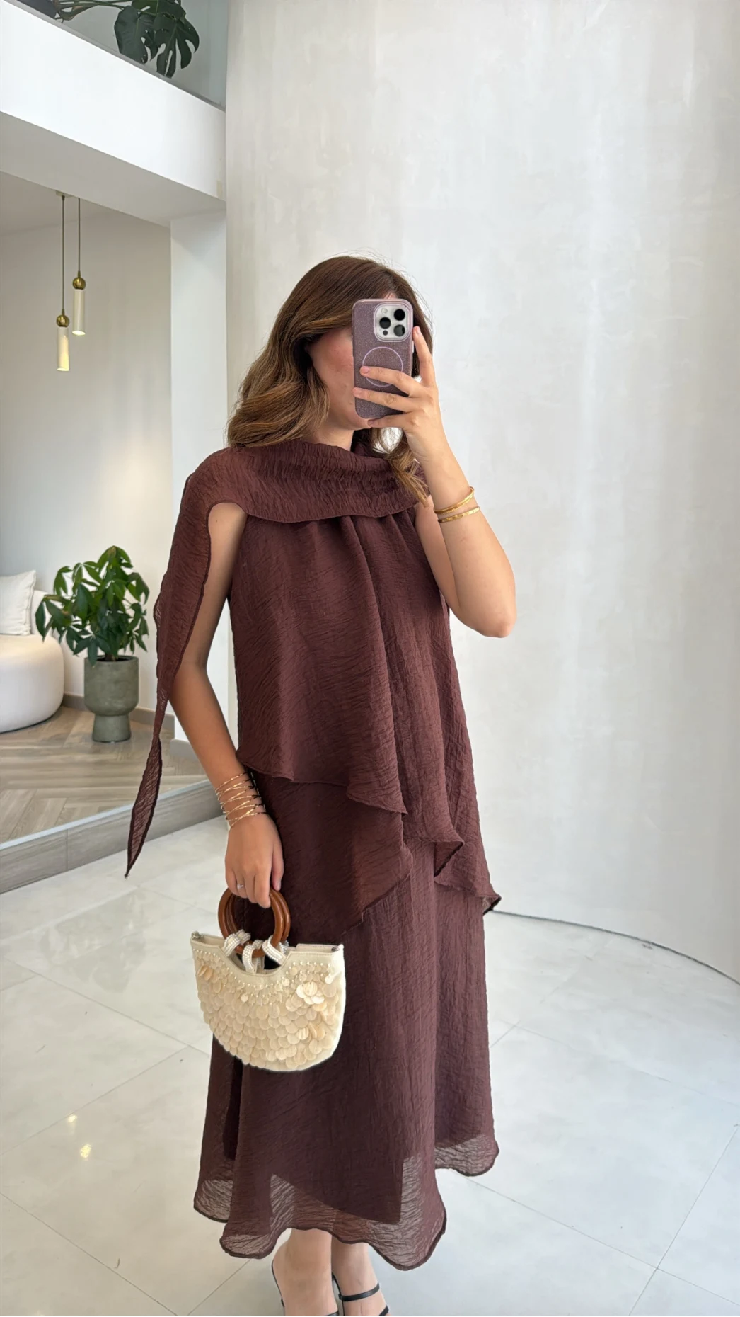 Alina Kat Kat Sıfır Kol Şallı Elbise - Kahve - Kod: 3446