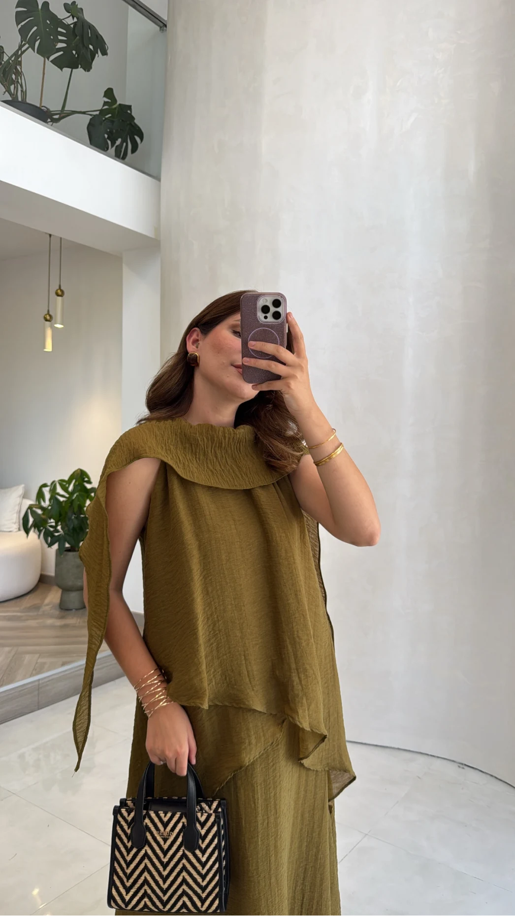 Alina Kat Kat Sıfır Kol Şallı Elbise - Olive - Kod: 3446