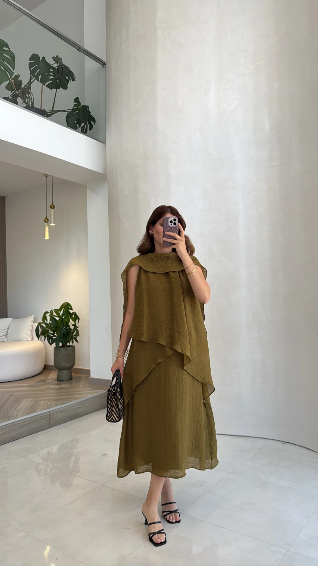 Alina Kat Kat Sıfır Kol Şallı Elbise - Olive - Kod: 3446