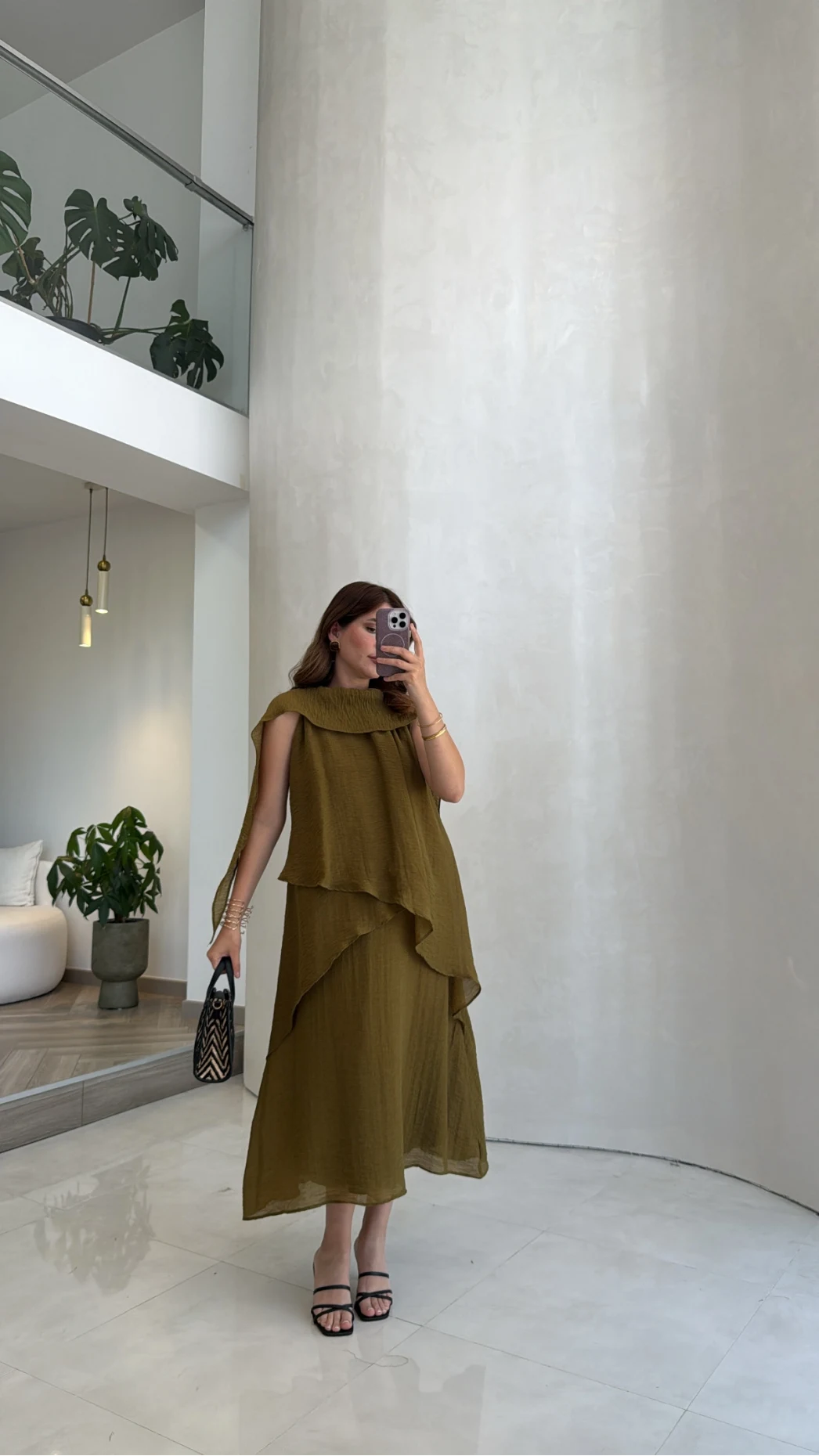 Alina Kat Kat Sıfır Kol Şallı Elbise - Olive - Kod: 3446
