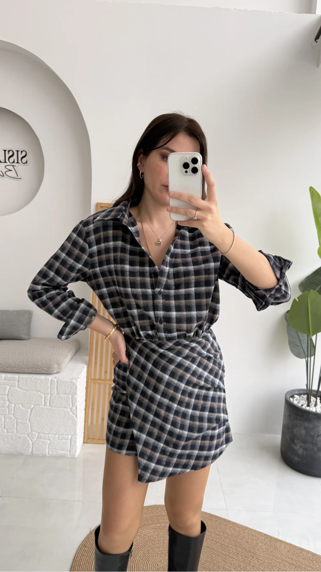 Aller Ekose Desenli Etekli Gömlek Elbise - Antrasit