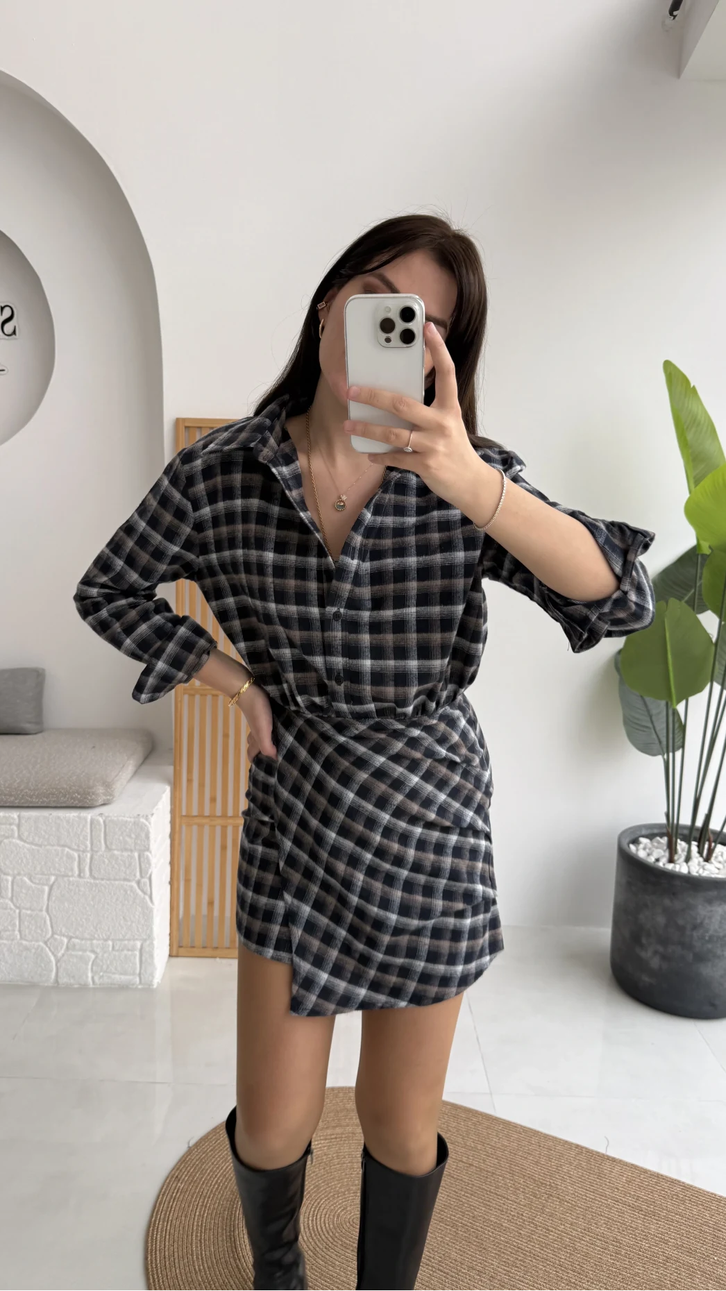 Aller Ekose Desenli Etekli Gömlek Elbise - Antrasit