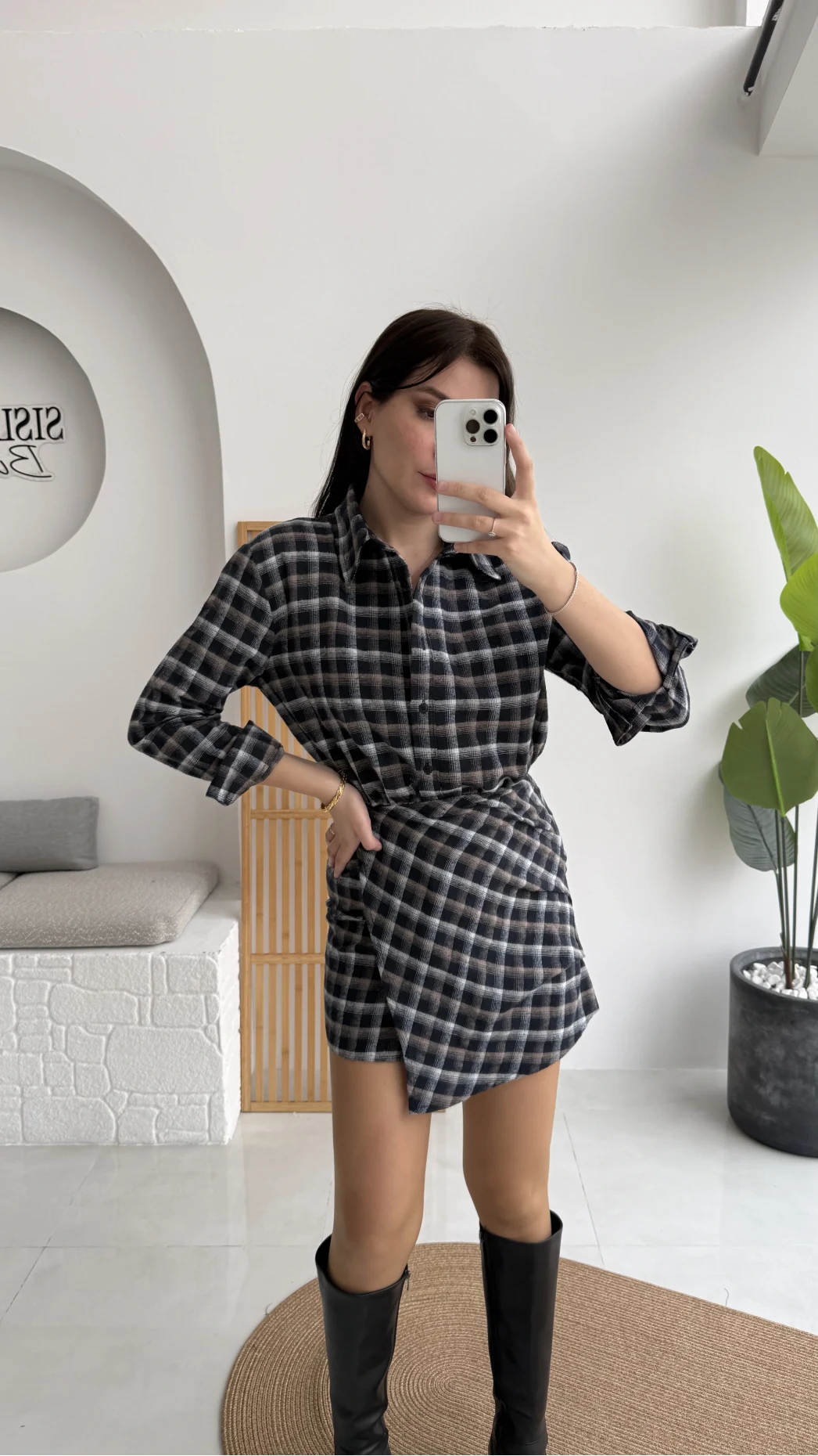 Aller Ekose Desenli Etekli Gömlek Elbise - Antrasit