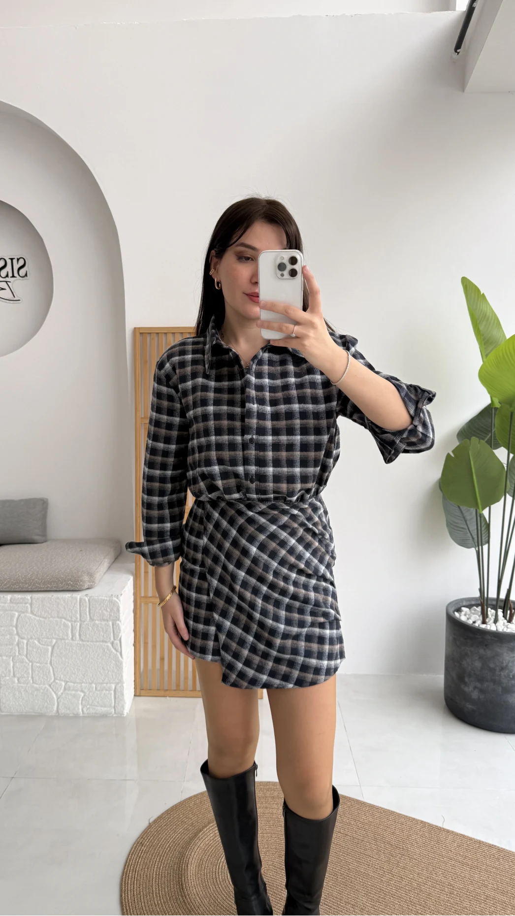 Aller Ekose Desenli Etekli Gömlek Elbise - Antrasit