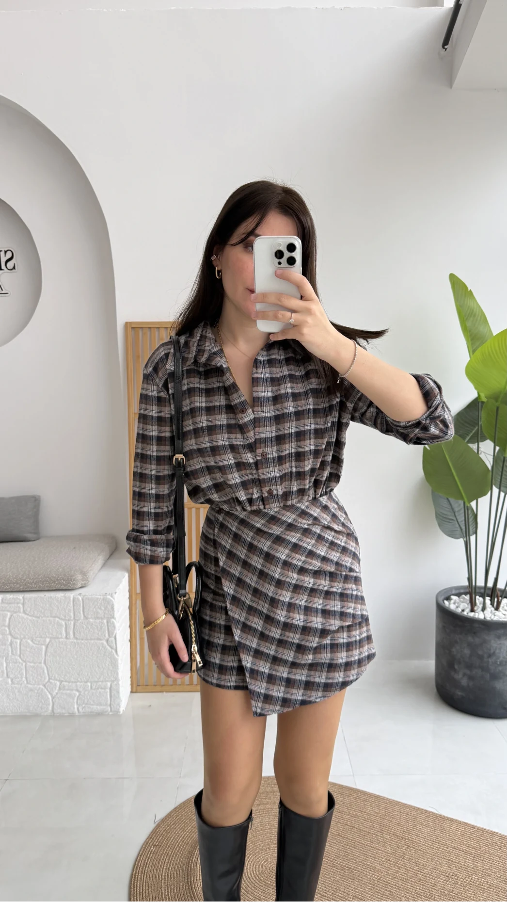 Aller Ekose Desenli Etekli Gömlek Elbise - Kahverengi