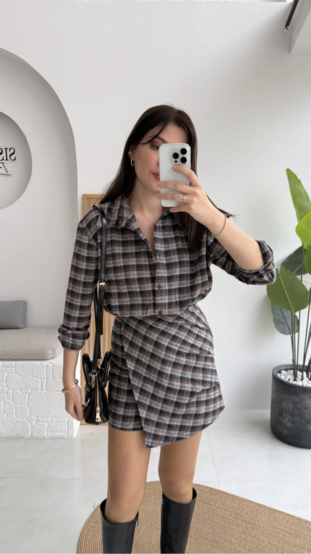 Aller Ekose Desenli Etekli Gömlek Elbise - Kahverengi