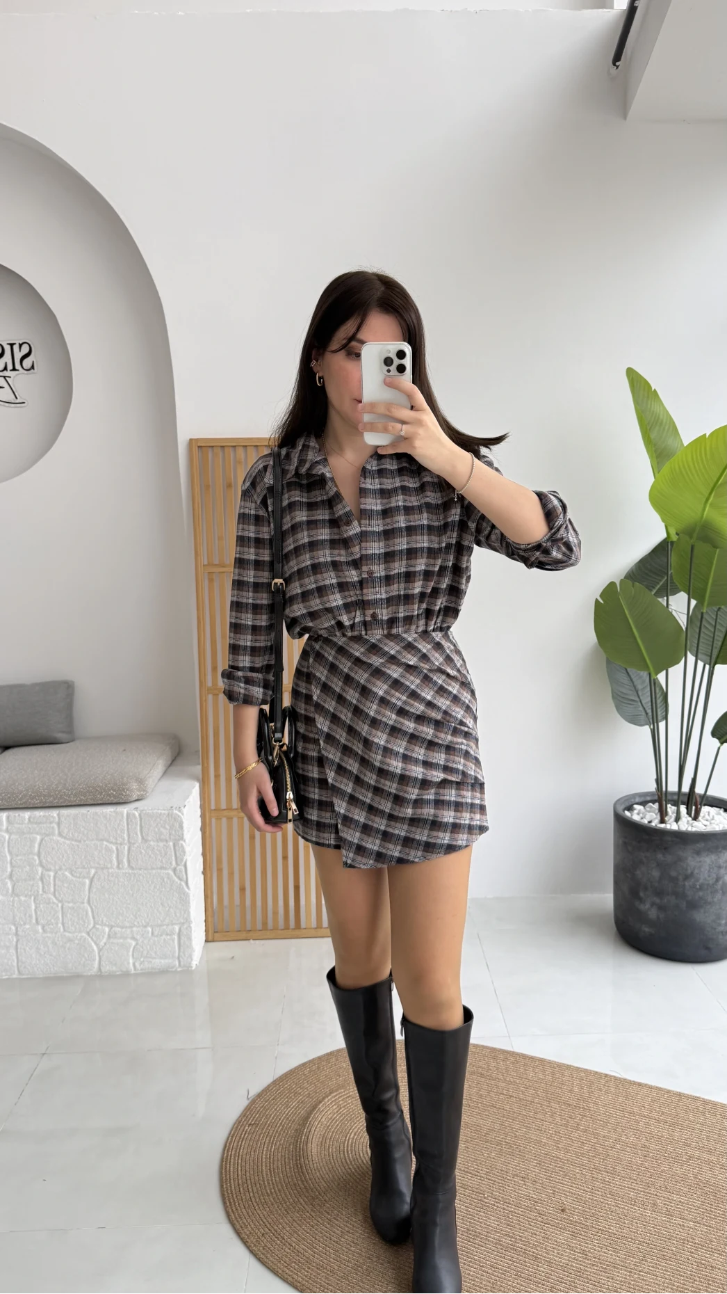 Aller Ekose Desenli Etekli Gömlek Elbise - Kahverengi