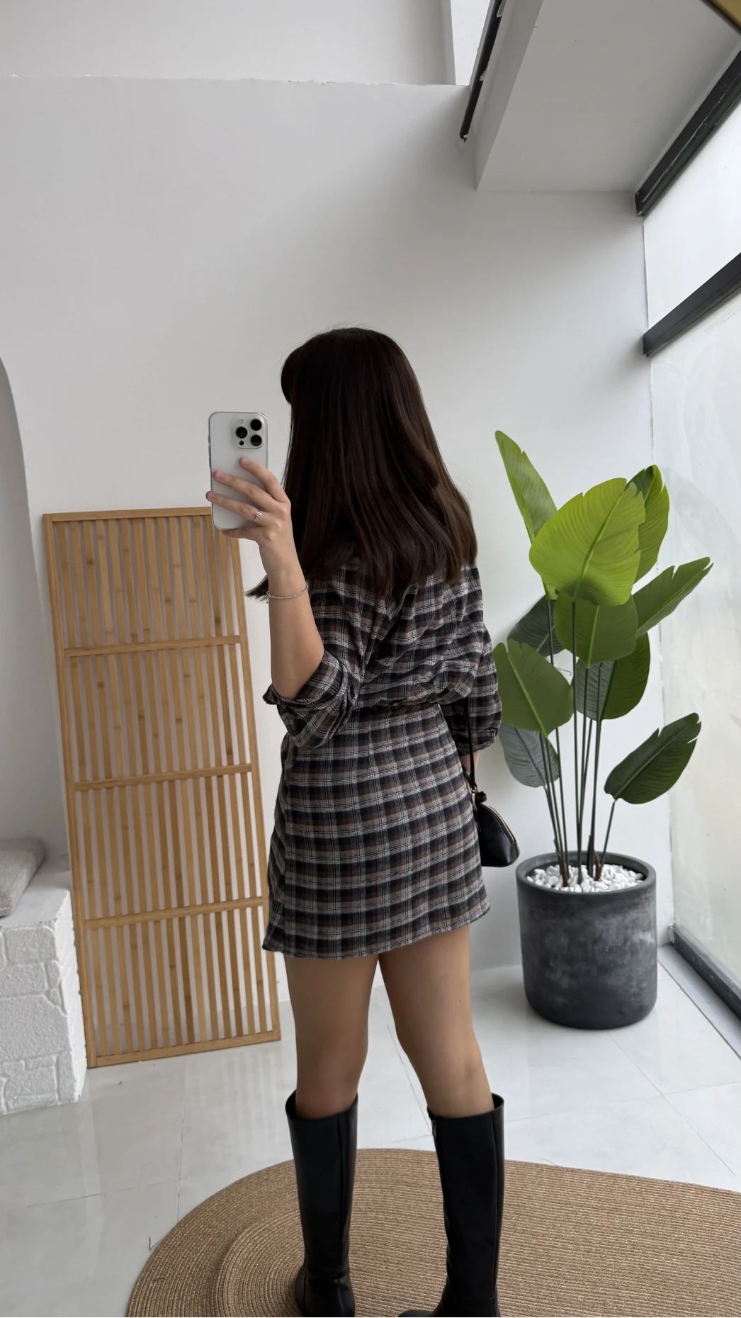 Aller Ekose Desenli Etekli Gömlek Elbise - Kahverengi