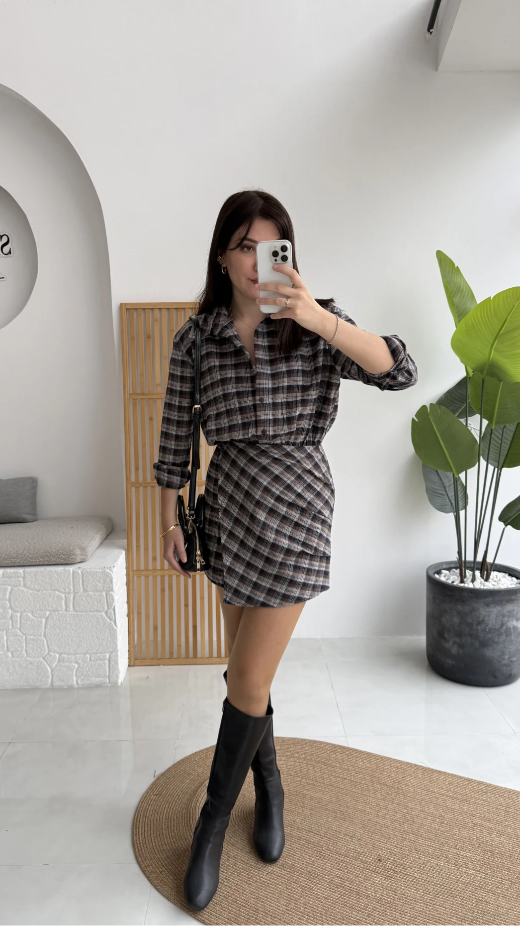 Aller Ekose Desenli Etekli Gömlek Elbise - Kahverengi