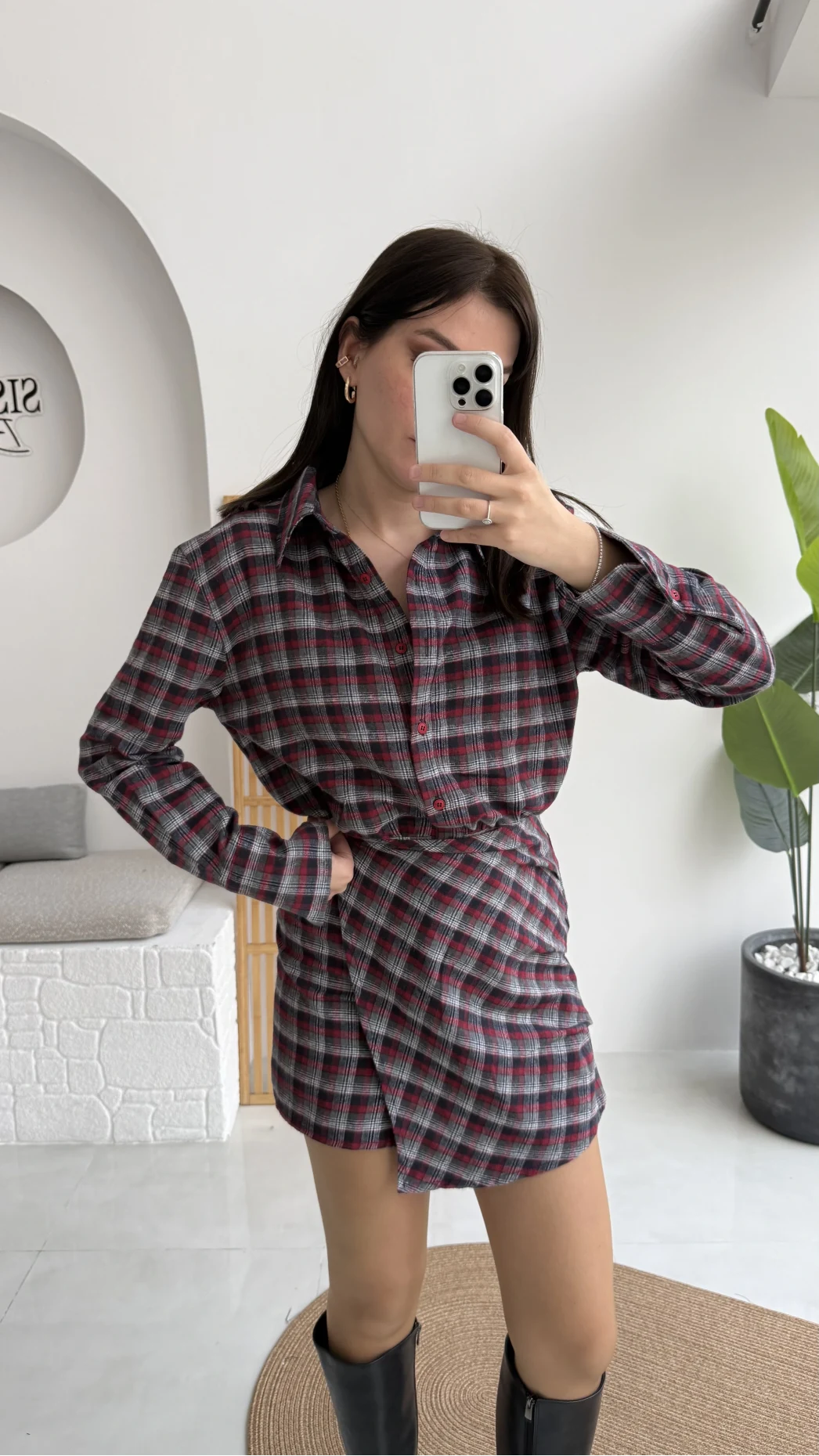 Aller Ekose Desenli Etekli Gömlek Elbise - Kırmızı