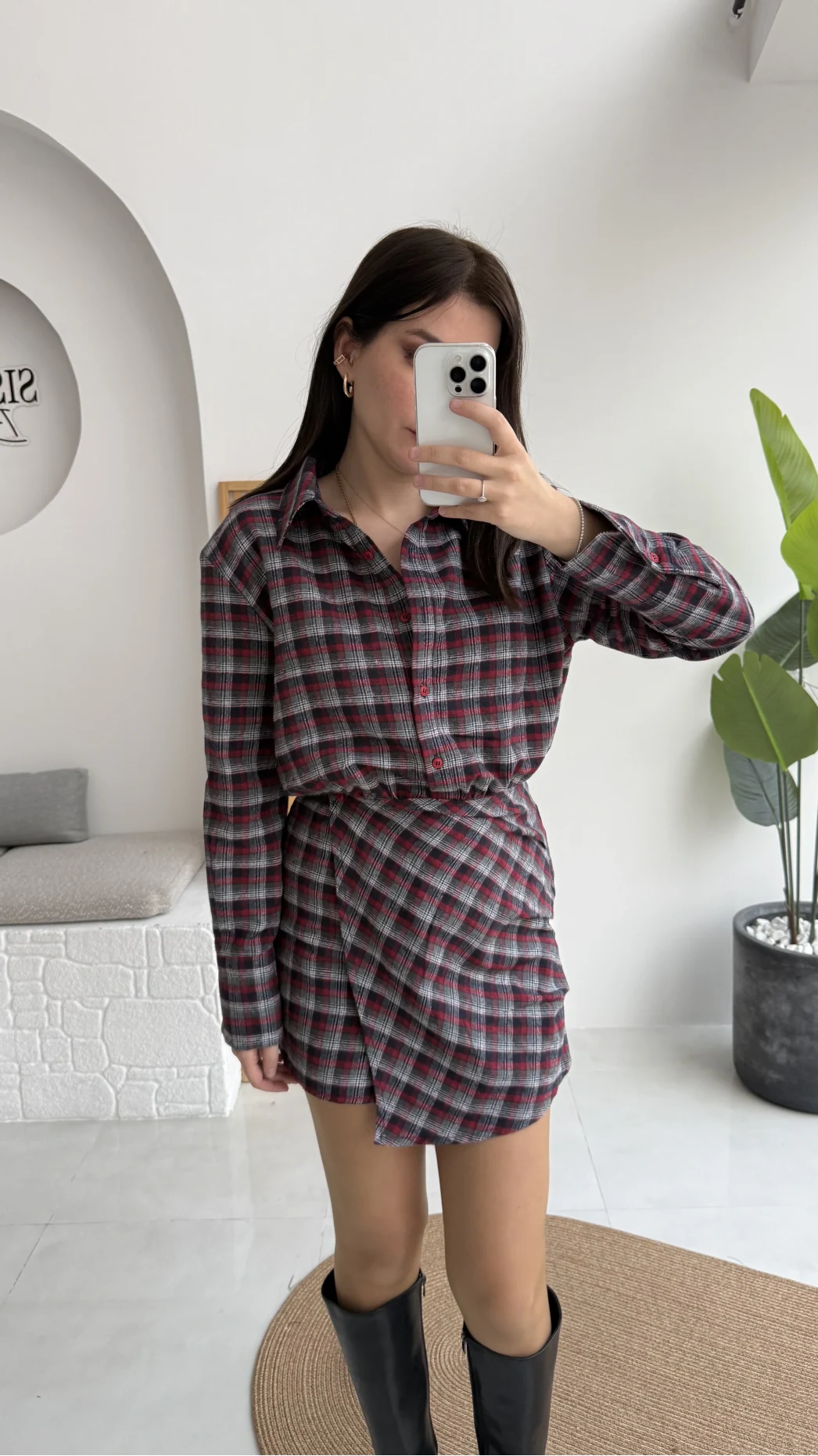 Aller Ekose Desenli Etekli Gömlek Elbise - Kırmızı