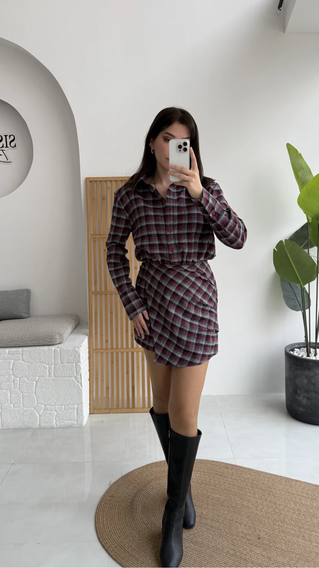 Aller Ekose Desenli Etekli Gömlek Elbise - Kırmızı