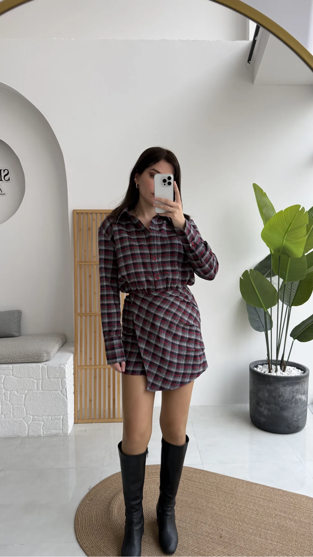 Aller Ekose Desenli Etekli Gömlek Elbise - Kırmızı