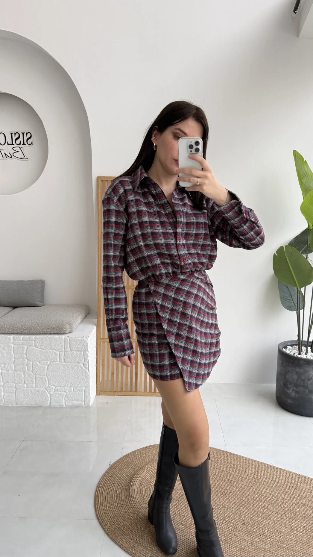 Aller Ekose Desenli Etekli Gömlek Elbise - Kırmızı