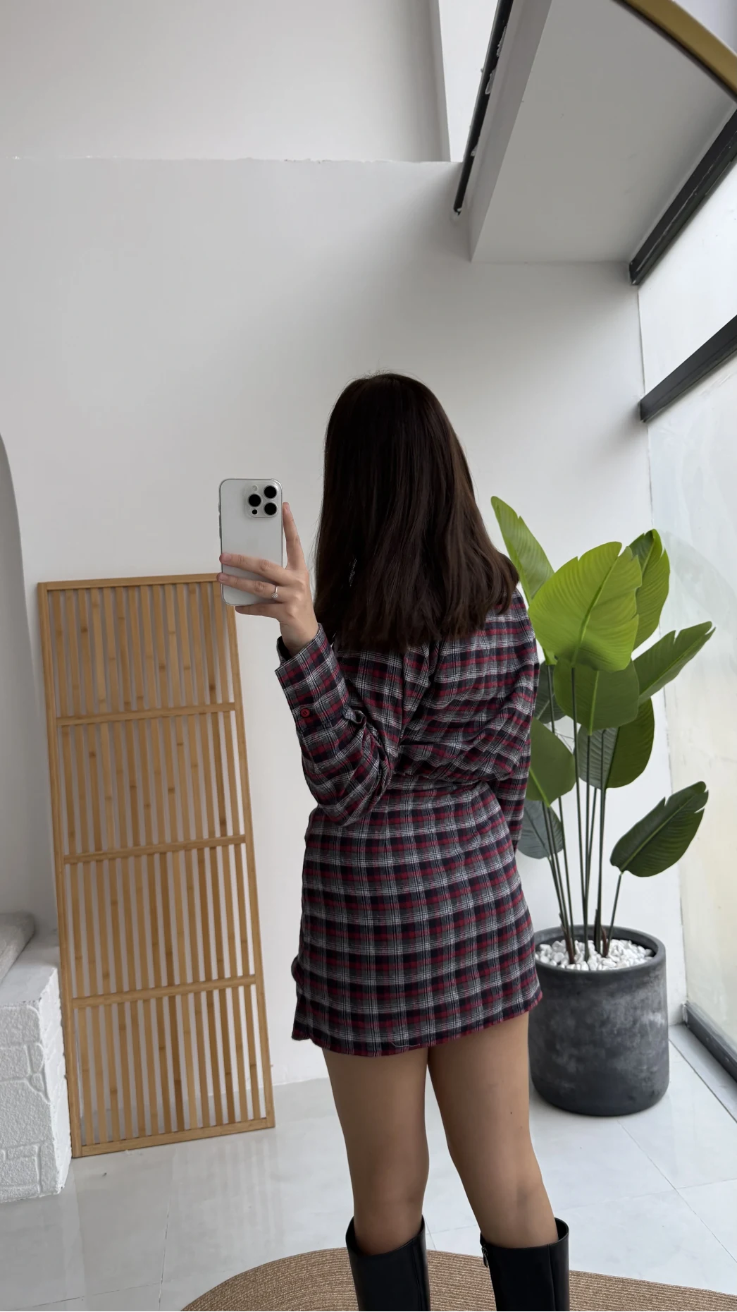 Aller Ekose Desenli Etekli Gömlek Elbise - Kırmızı