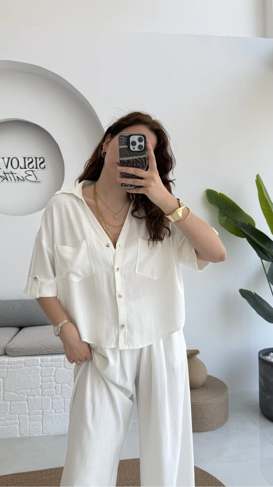 Aloe Yarım Kol Cepli Gömlek Pantolon Takım - Beyaz