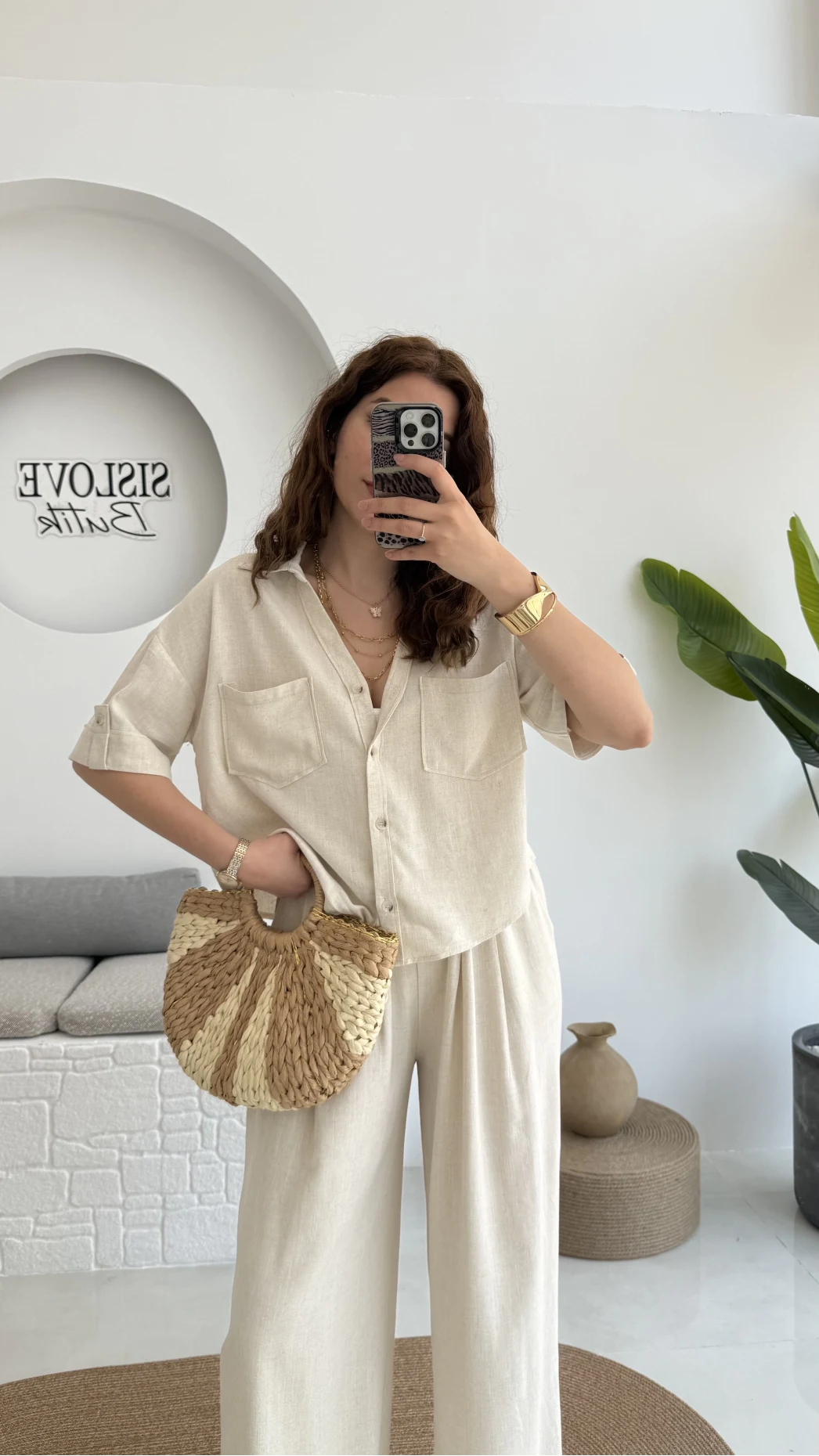 Aloe Yarım Kol Cepli Gömlek Pantolon Takım - Natural
