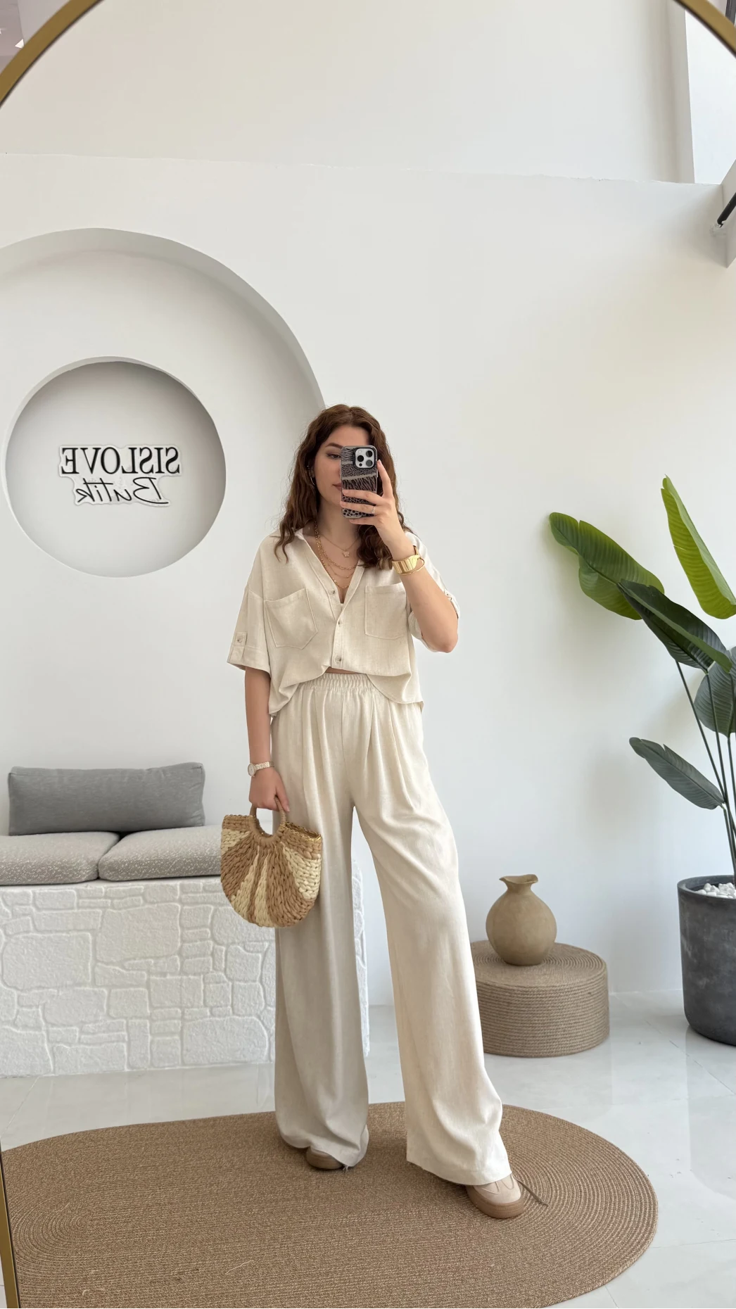 Aloe Yarım Kol Cepli Gömlek Pantolon Takım - Natural