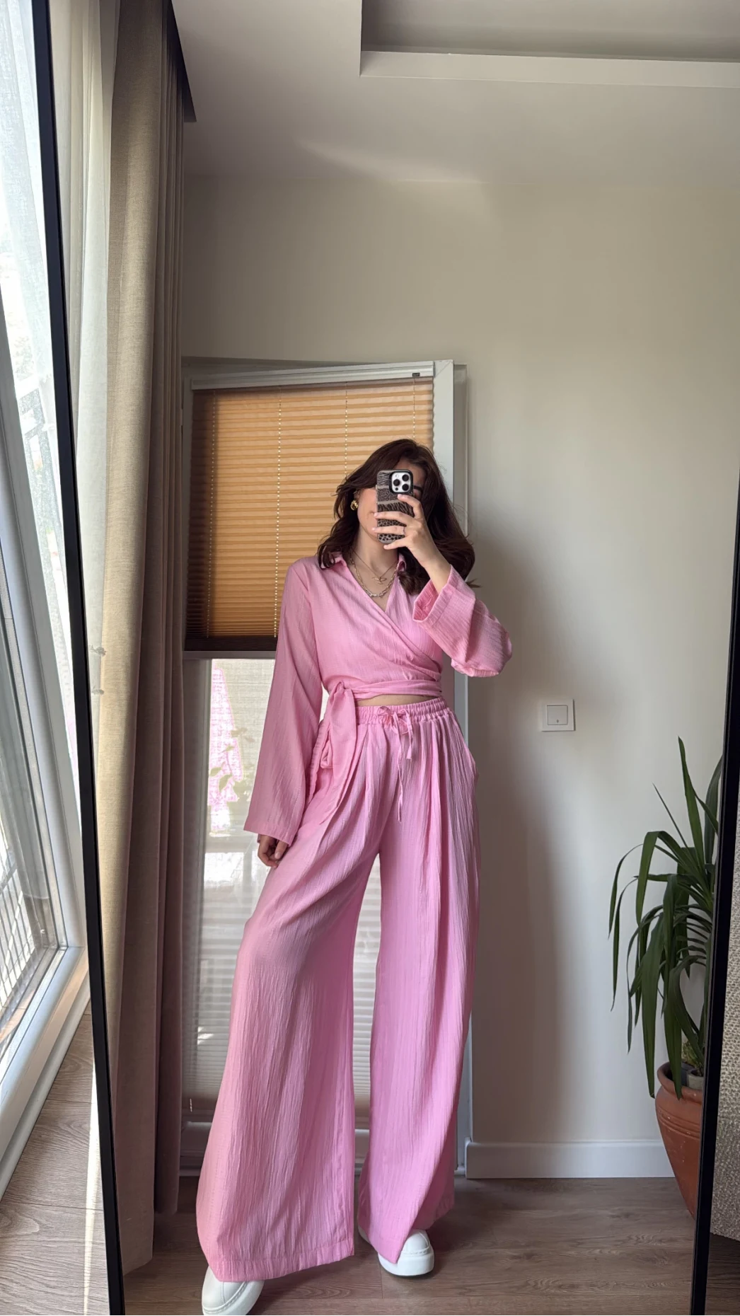 Amalfia Kısa Bağlamalı Gofre Takım Pembe