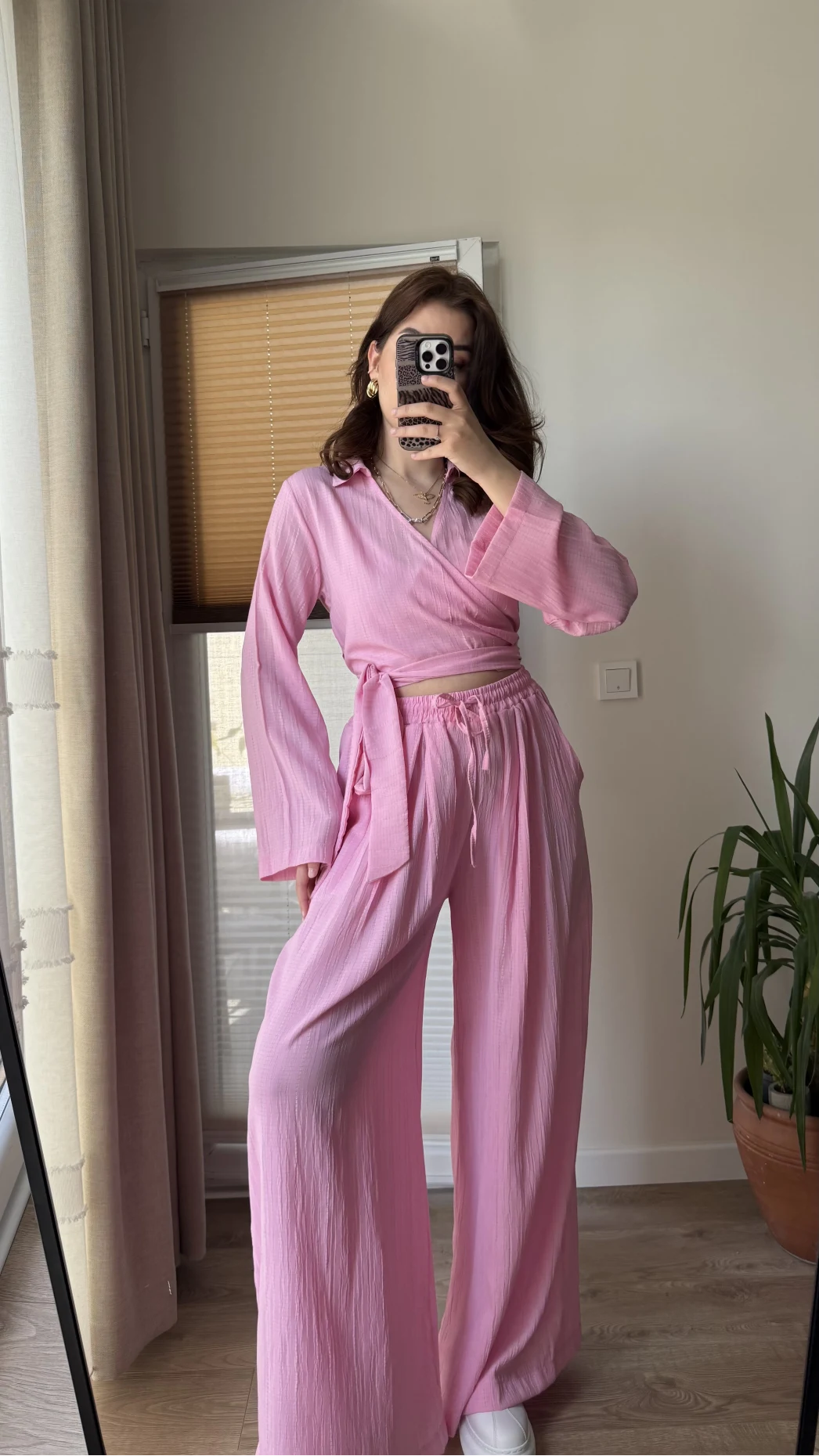 Amalfia Kısa Bağlamalı Gofre Takım Pembe