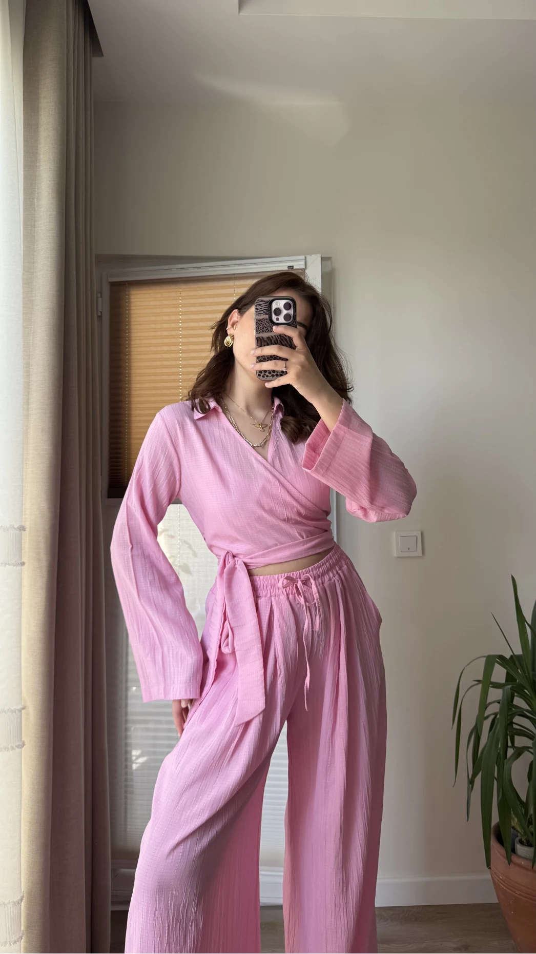 Amalfia Kısa Bağlamalı Gofre Takım Pembe