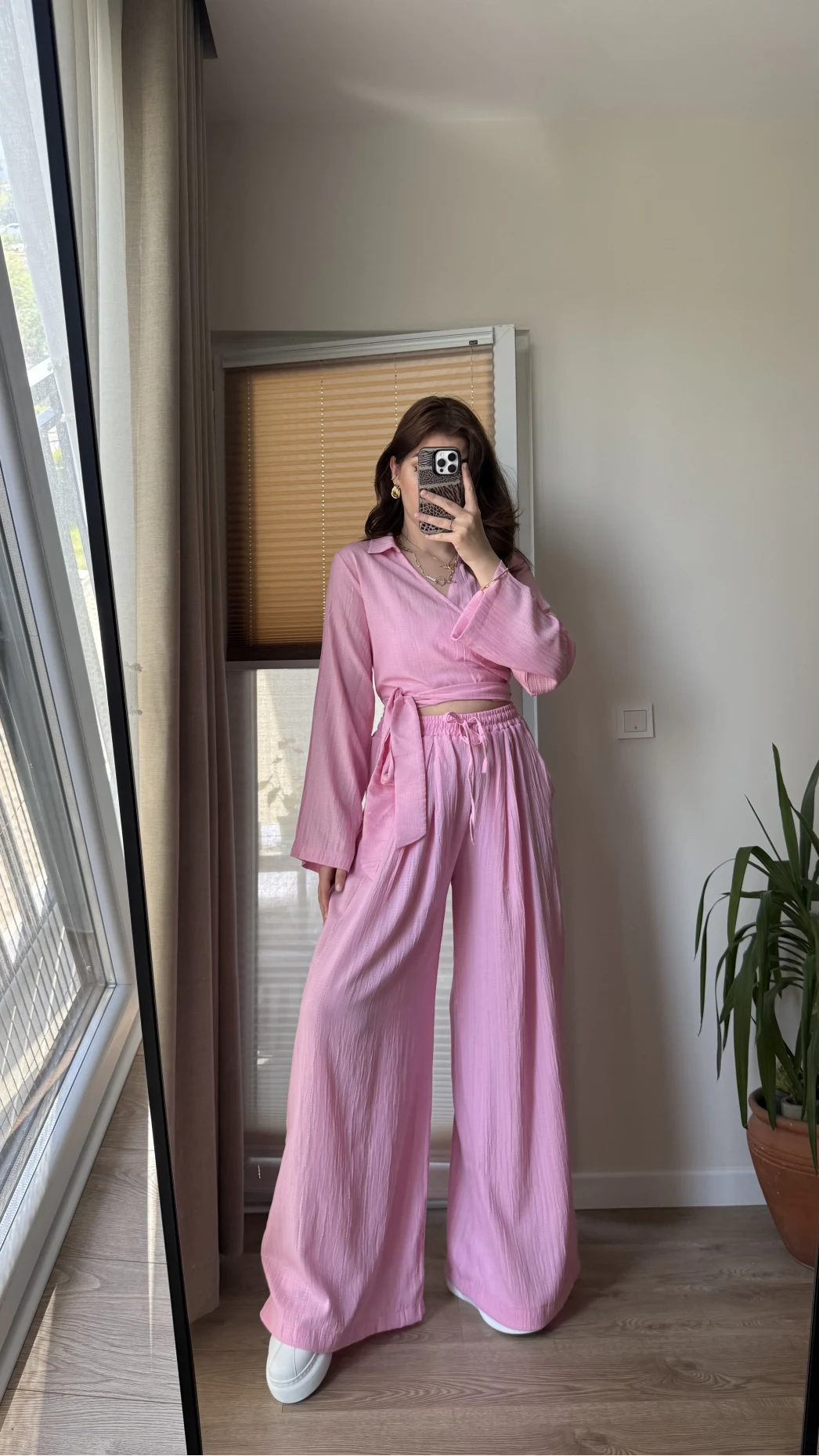 Amalfia Kısa Bağlamalı Gofre Takım Pembe