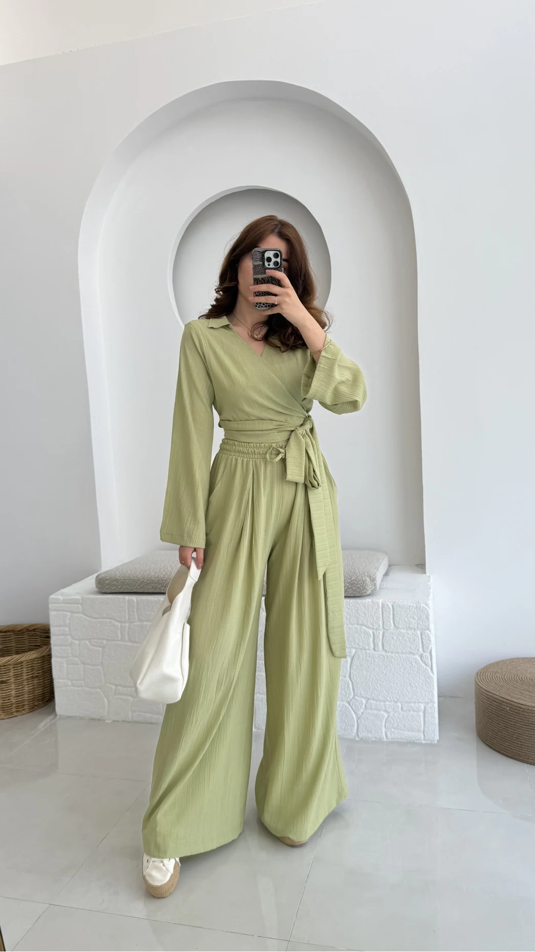 Amalfia Kısa Bağlamalı Gofre Takım Yeşil