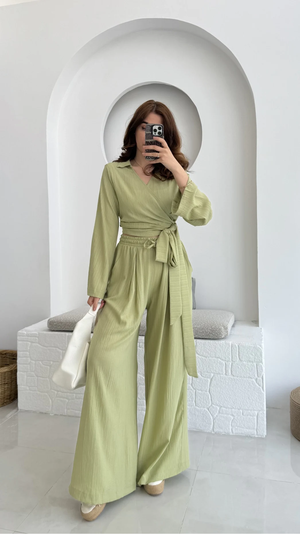 Amalfia Kısa Bağlamalı Gofre Takım Yeşil