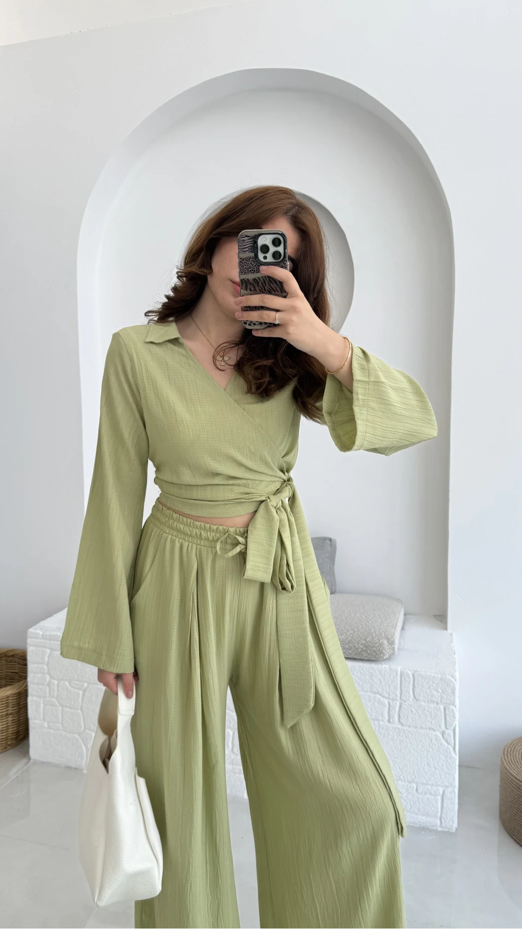 Amalfia Kısa Bağlamalı Gofre Takım Yeşil