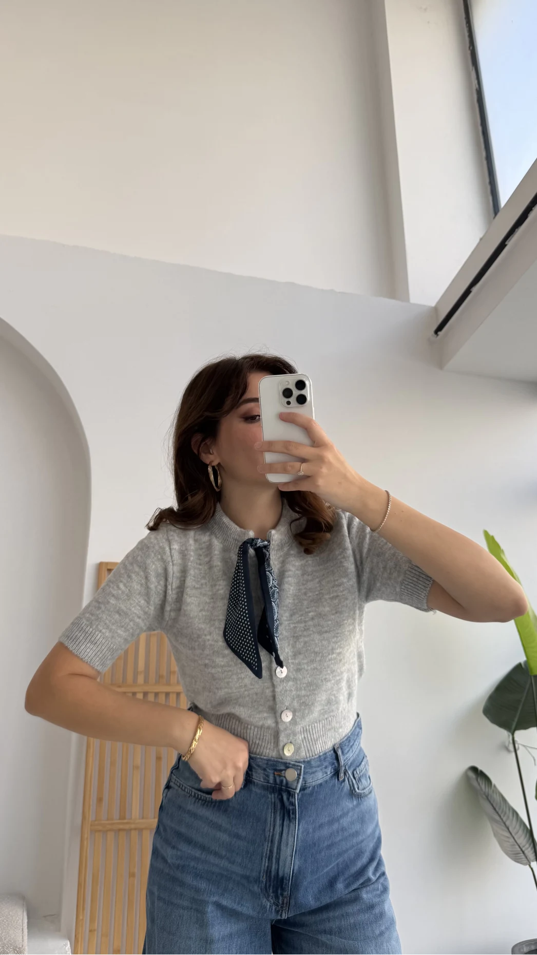 Amelia Fularlı CROP Hırka - Gri - Kod: 4561