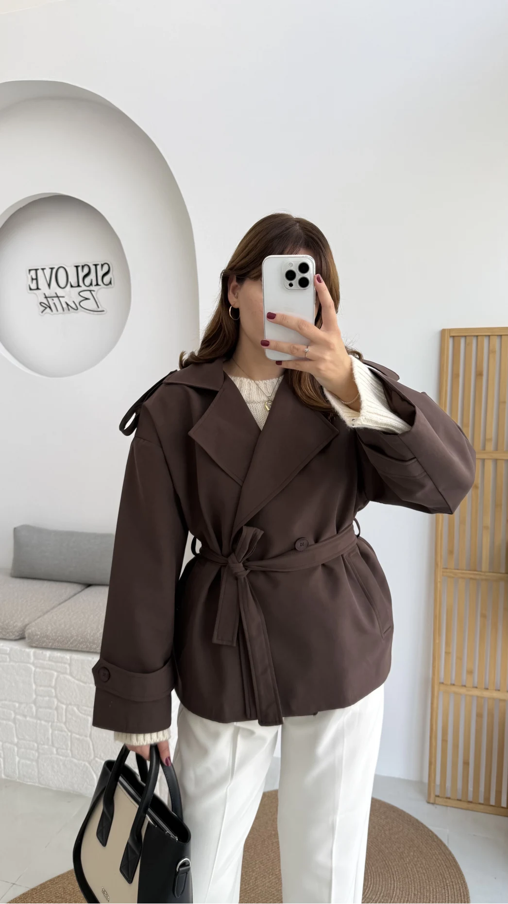 Anastasia Kuşaklı Kısa Trençkot - Kahve - Kod: 9609