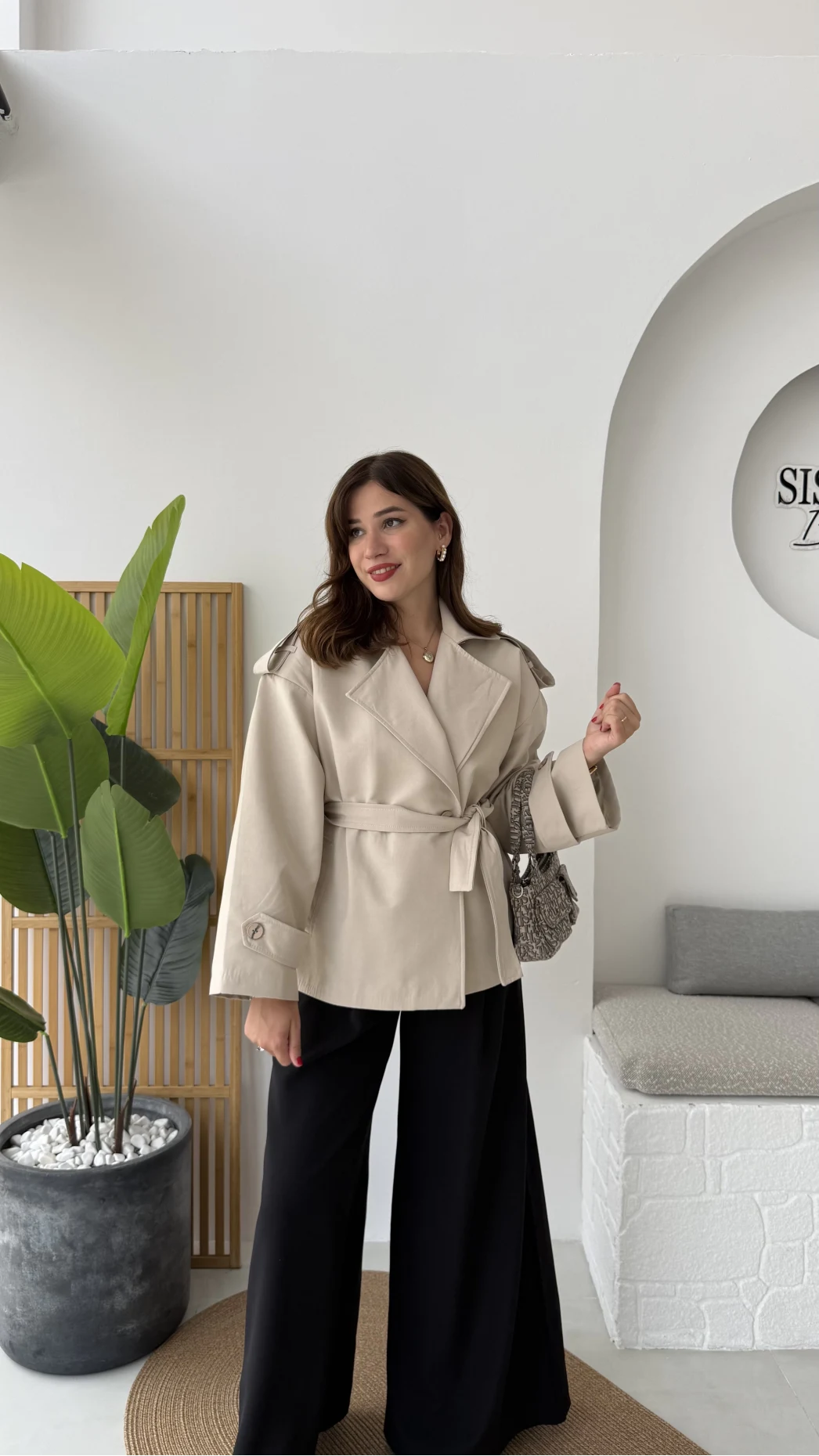 Anastasia Kuşaklı Kısa Trençkot - Taş - Kod: 9609