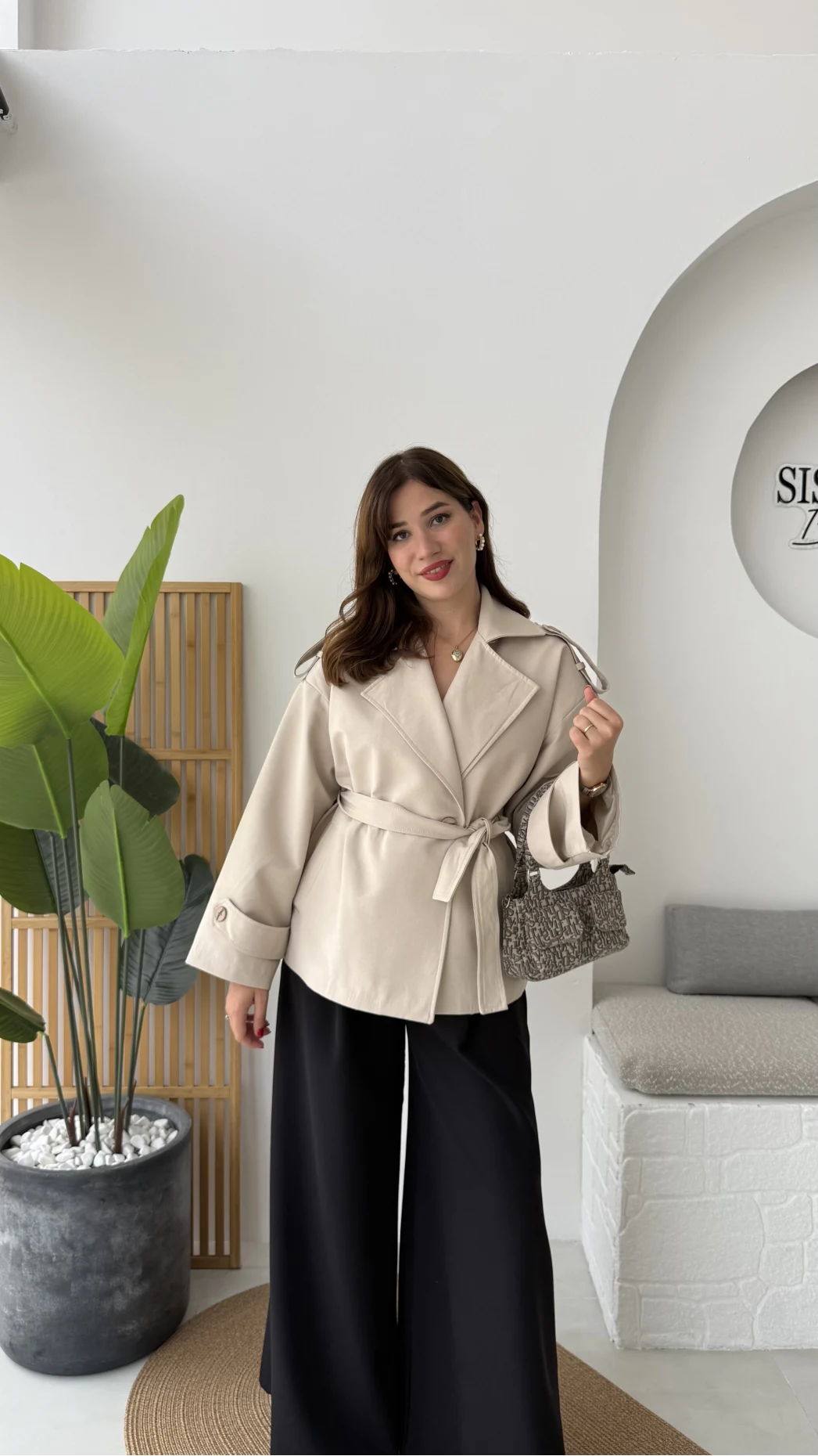 Anastasia Kuşaklı Kısa Trençkot - Taş - Kod: 9609