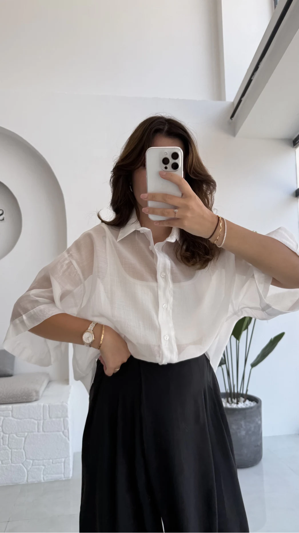 Andora Oversize İpeksi Gömlek - Beyaz - Kod: 4927