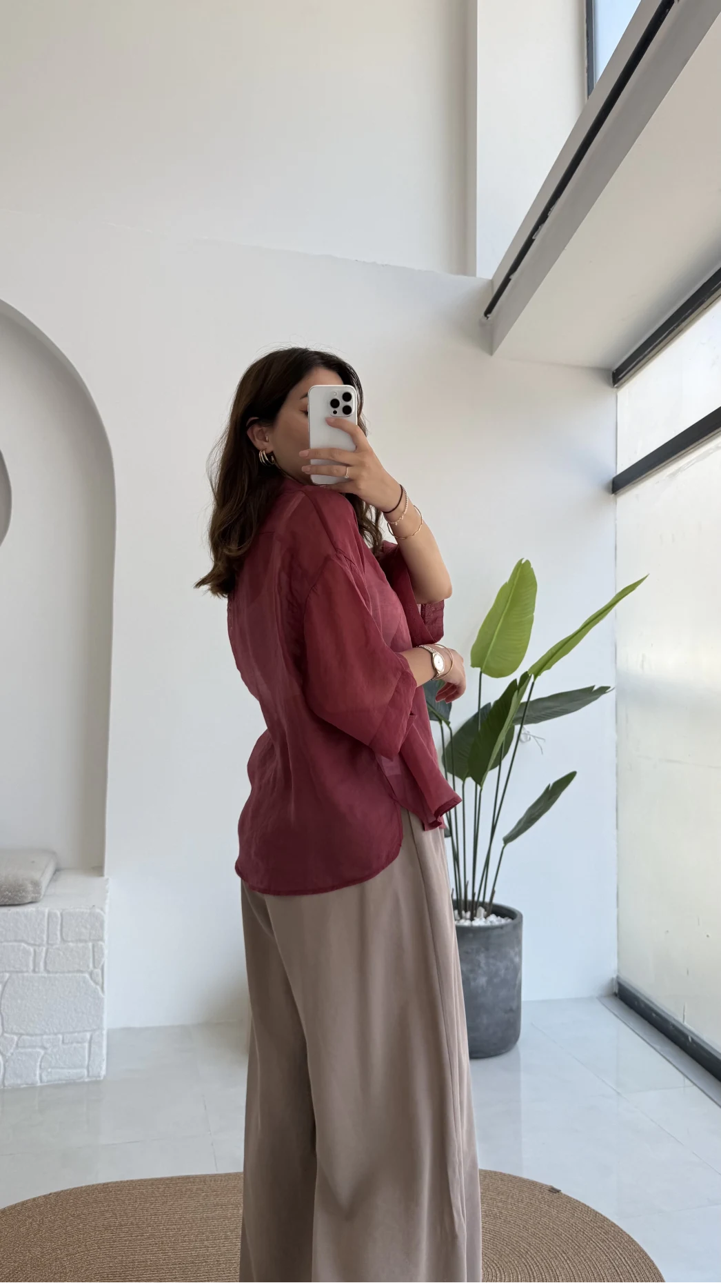 Andora Oversize İpeksi Gömlek - Bordo - Kod: 4927