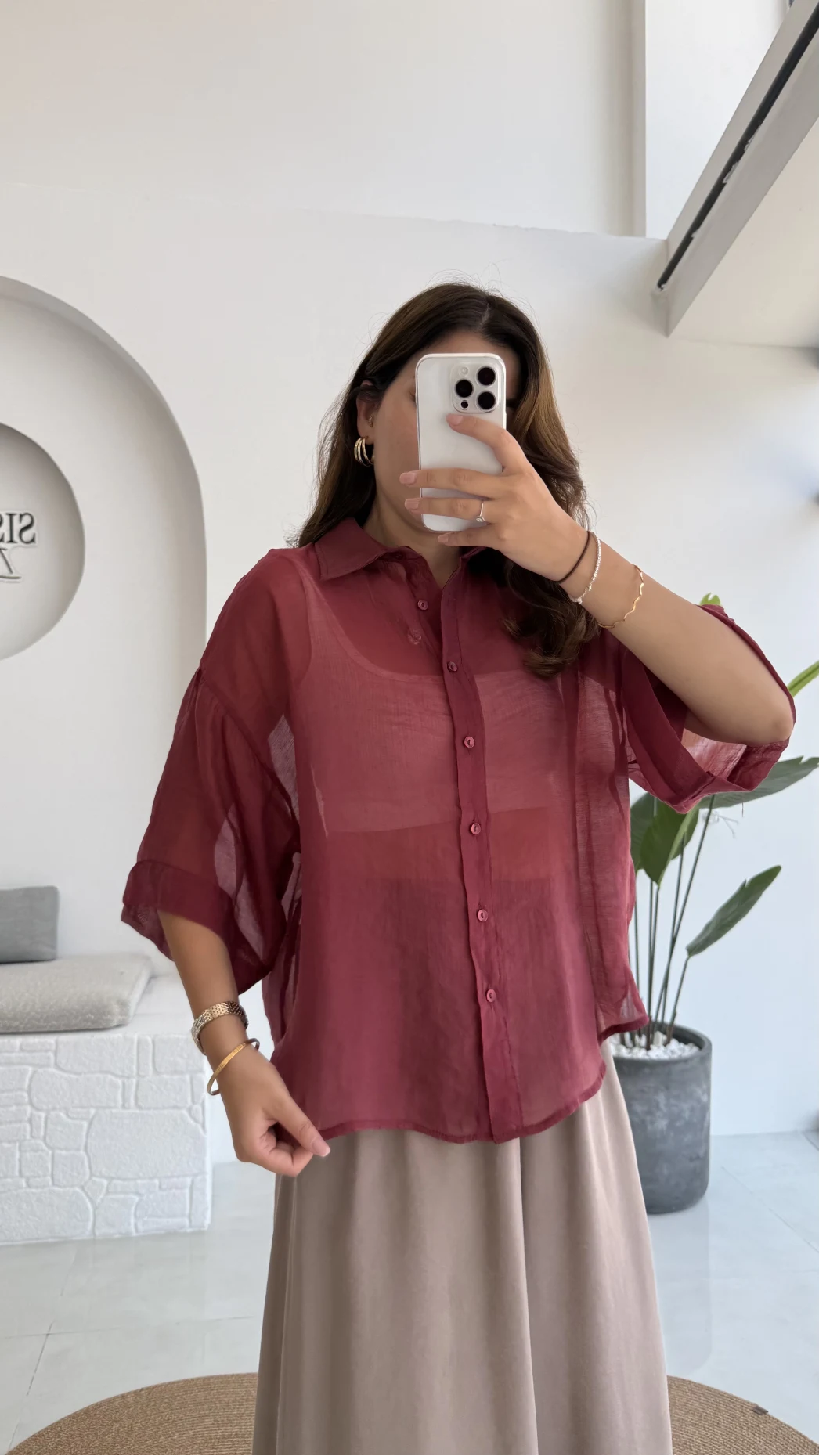 Andora Oversize İpeksi Gömlek - Bordo - Kod: 4927