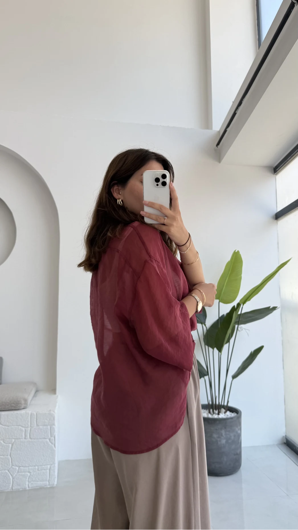 Andora Oversize İpeksi Gömlek - Bordo - Kod: 4927