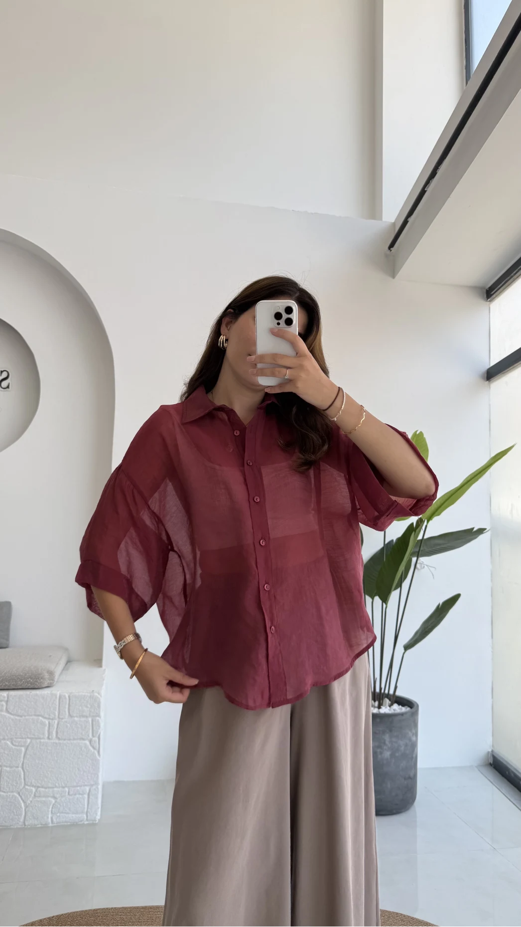 Andora Oversize İpeksi Gömlek - Bordo - Kod: 4927