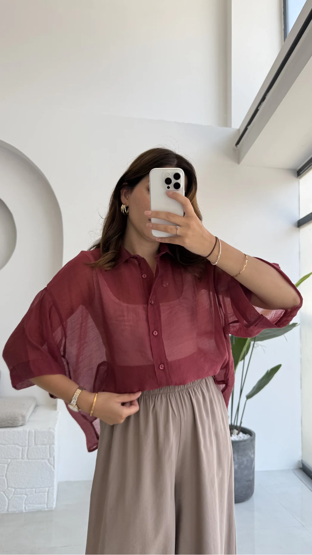 Andora Oversize İpeksi Gömlek - Bordo - Kod: 4927