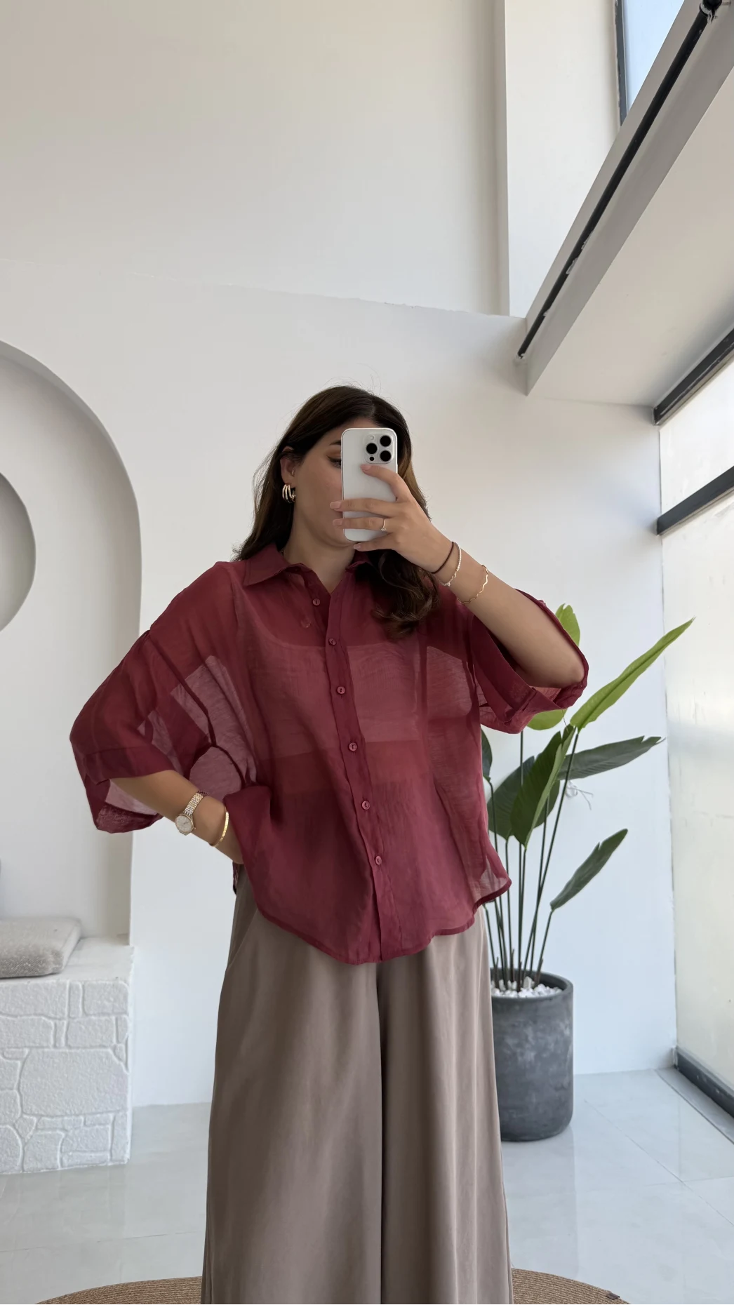 Andora Oversize İpeksi Gömlek - Bordo - Kod: 4927