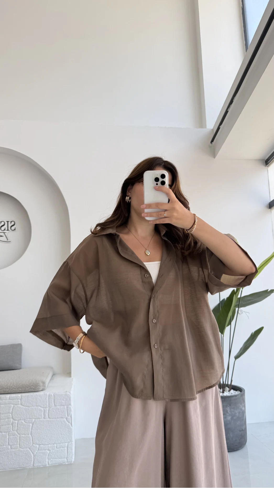 Andora Oversize İpeksi Gömlek - Kahve - Kod: 4927