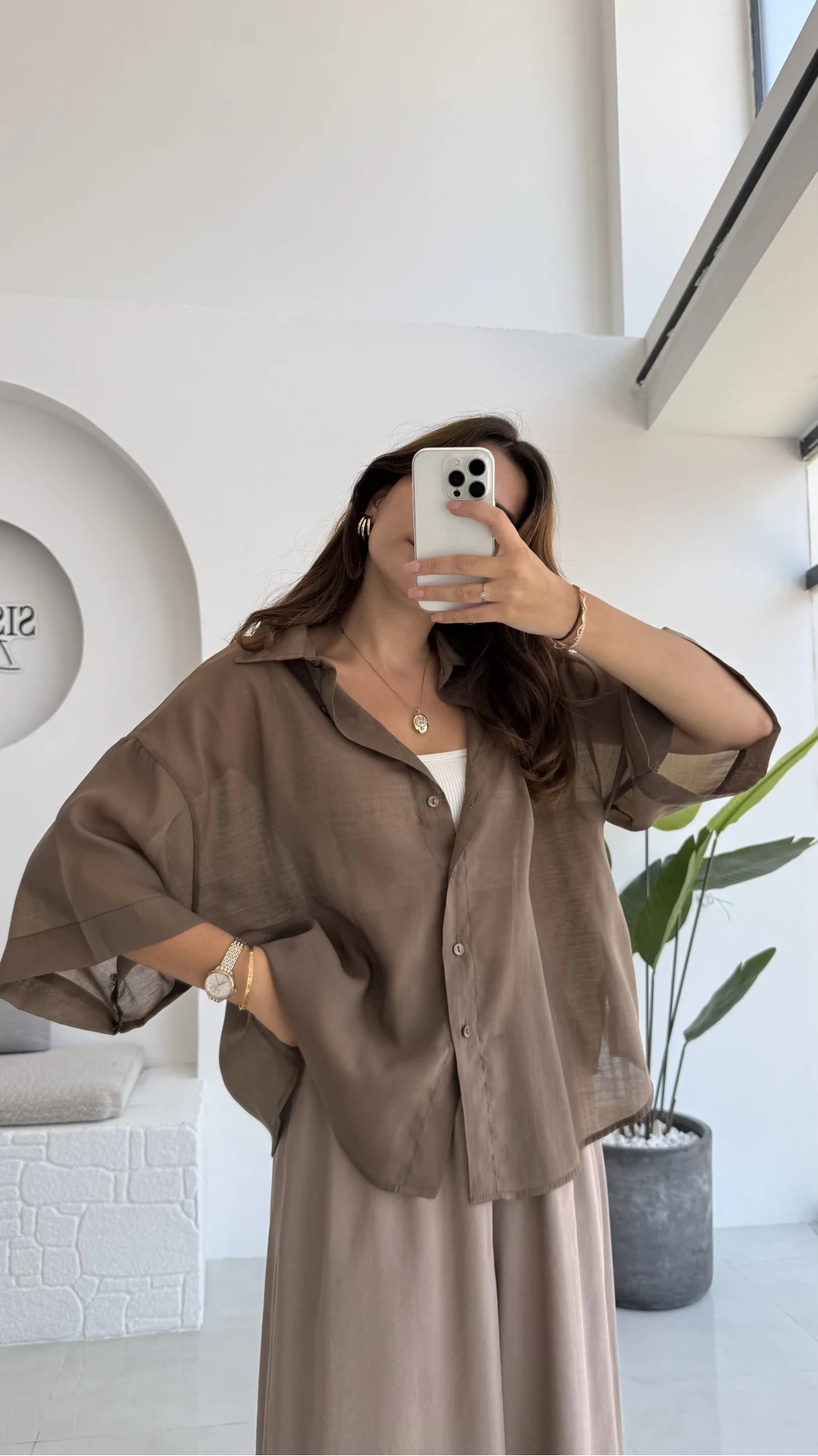 Andora Oversize İpeksi Gömlek - Kahve - Kod: 4927