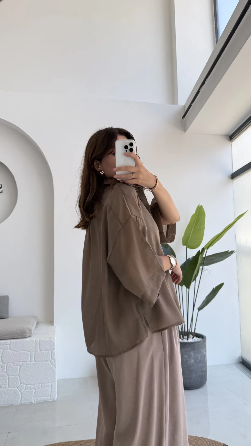 Andora Oversize İpeksi Gömlek - Kahve - Kod: 4927